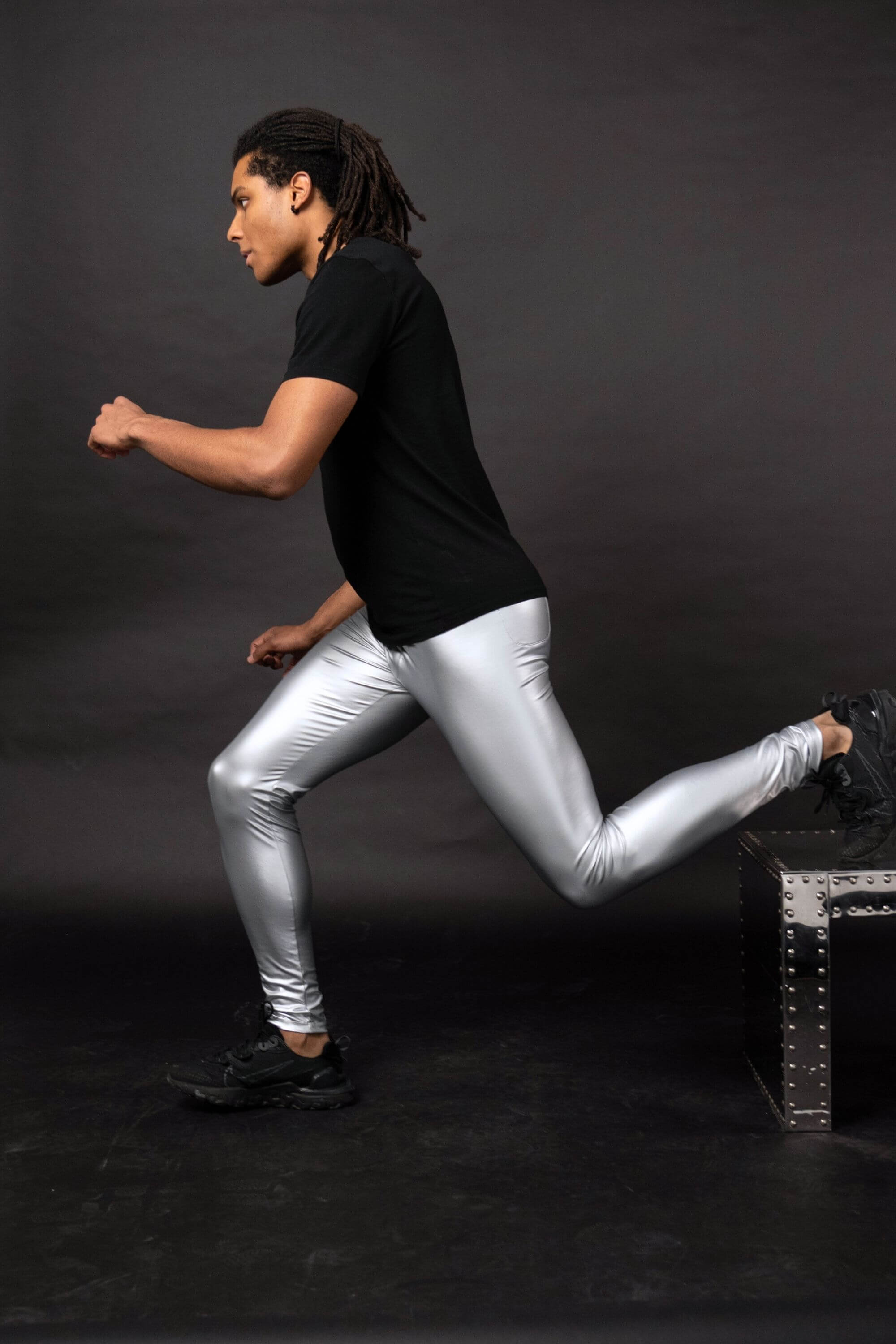 Man wearing Oslo Faux Leather Leggings side angle
