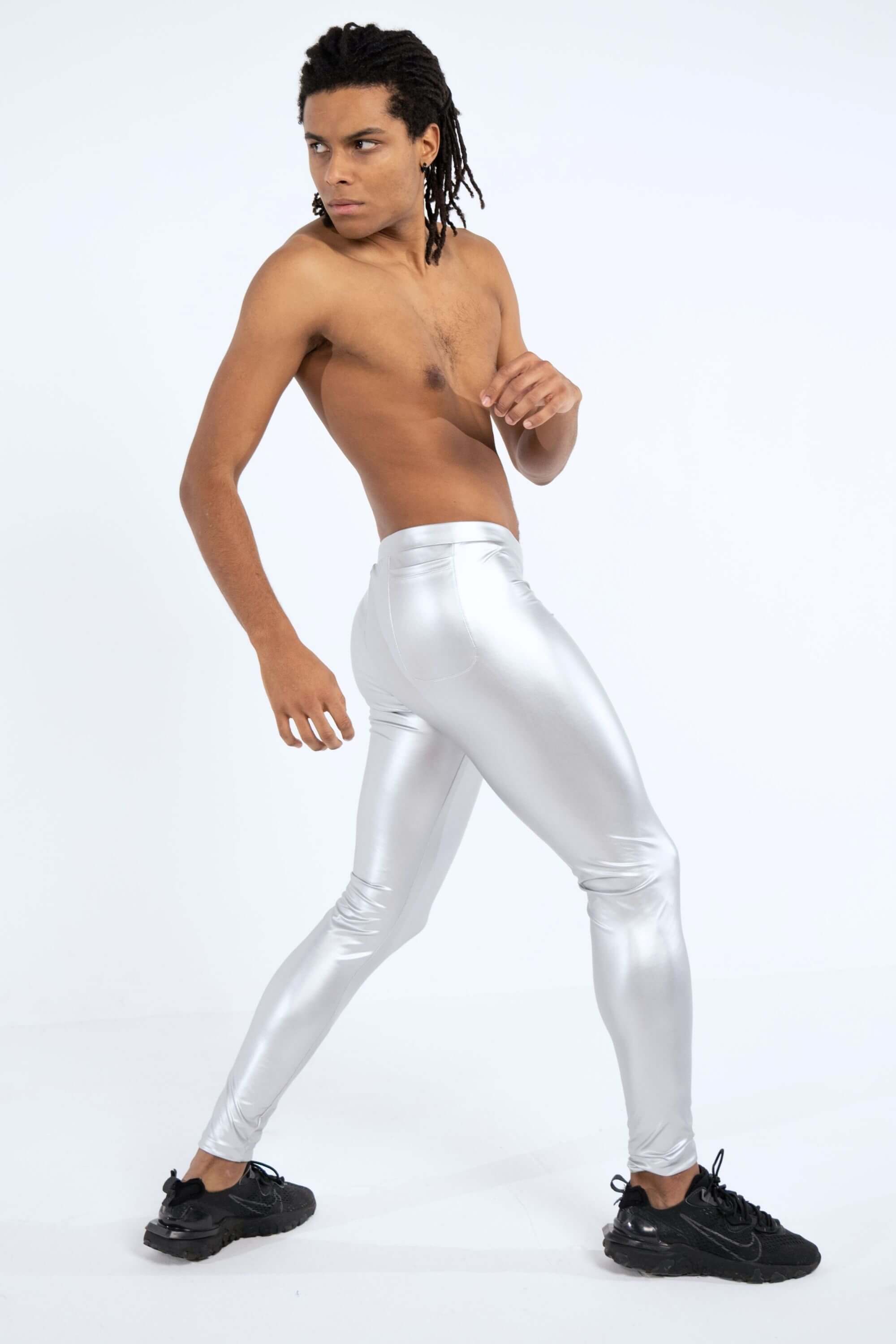 Man wearing Oslo Faux Leather Leggings side angle